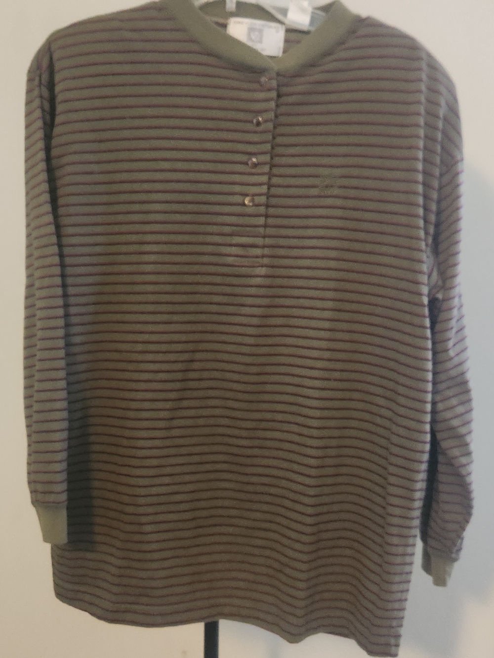 Anne Klein Olive Green and Brown Striped Long-Sleeve Henley